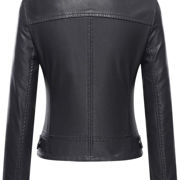 Women's Faux Leather Moto Biker Short Coat Jacket - Picture 2 of 5